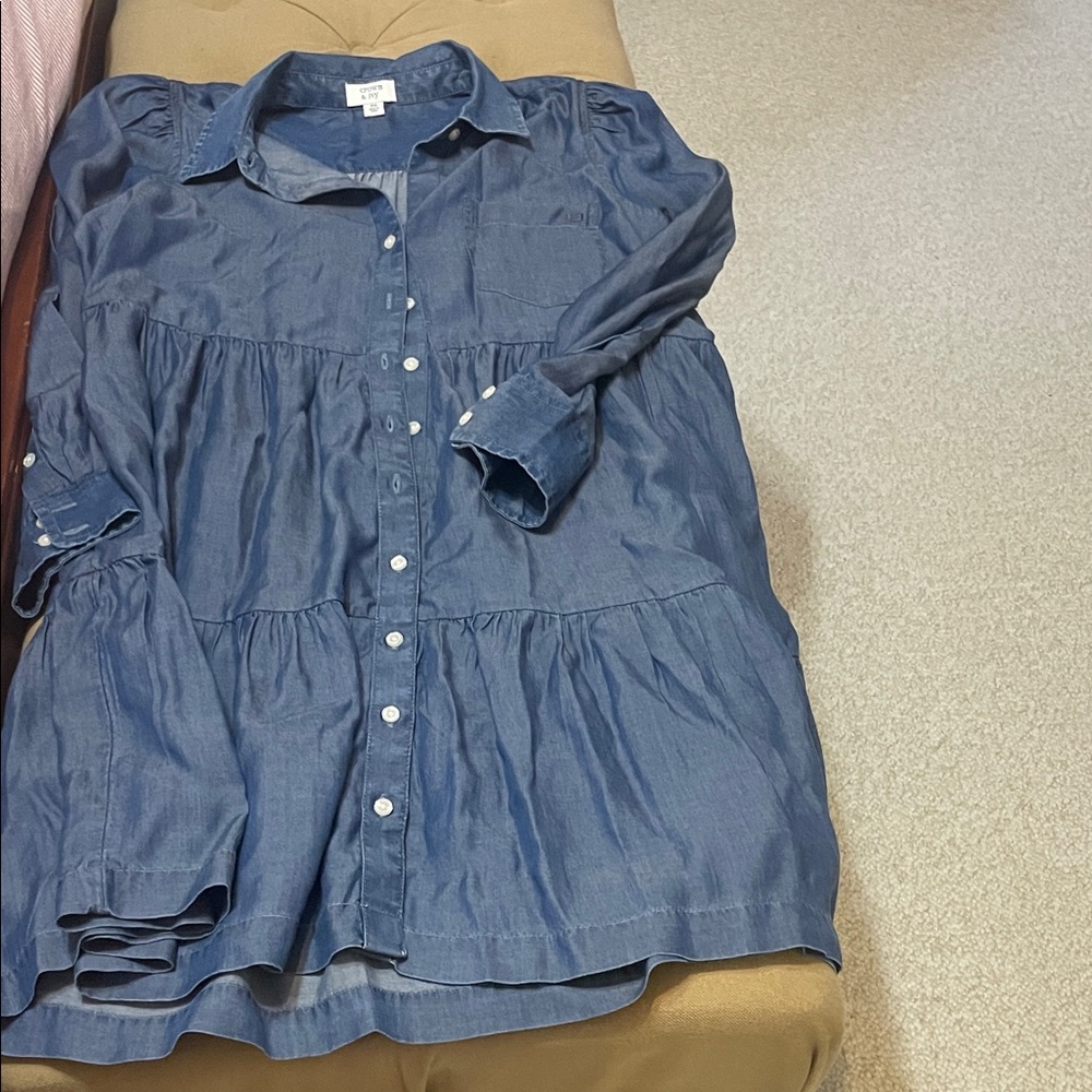 crown & ivy Blue Denim-Style Tiered Button Mini Dress